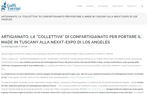 Articolo su Galli Torrini Comunicazione: Confartigianato porta il Made in Tuscany alla Nexxt-Expo di Los Angeles - L'immagine mostra un articolo pubblicato su Galli Torrini Comunicazione, che annuncia la partecipazione di Confartigianato Firenze alla Nexxt-Expo di Los Angeles con una collettiva di aziende toscane. L'iniziativa permette agli artigiani di promuovere i propri prodotti negli Stati Uniti senza dover affrontare i costi di una presenza fisica permanente. Us Company Advisor supporta le imprese italiane nel processo di internazionalizzazione e accesso al mercato americano.