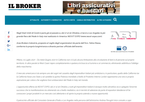 Articolo su Il Broker: La più grande fiera del Made in Italy a Los Angeles - L'immagine mostra un articolo pubblicato su Il Broker che annuncia la NEXXT EXPO, la più grande fiera del Made in Italy negli Stati Uniti, in programma dal 27 al 30 ottobre a Los Angeles. L'articolo evidenzia l'importanza dell'evento per gli imprenditori italiani interessati a entrare nel mercato americano. Us Company Advisor supporta le aziende italiane nella loro espansione commerciale negli USA.
